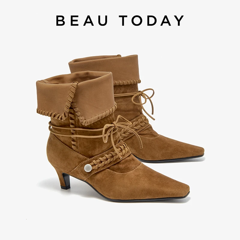 BEAUTODAY Ankle Boots Women Cow Leather Turned-over Edge Woven Western Square Toe Boots Ladies Mid-Calf Shoes 02268