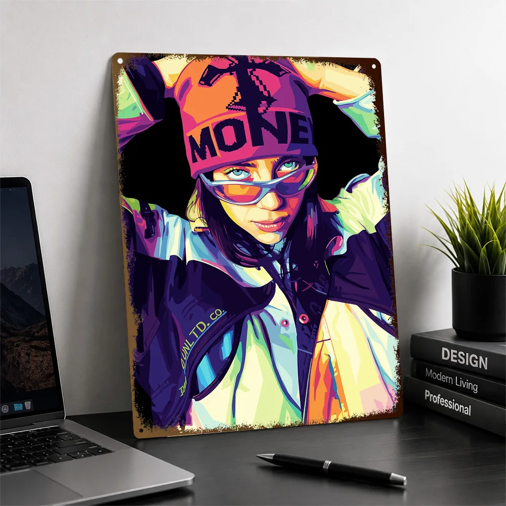 Billie Eilish Money Cap Portrait Textured Poster Personalized Aluminum Metal Sign Chart Topper Style Wall Art Enhances Bedroom