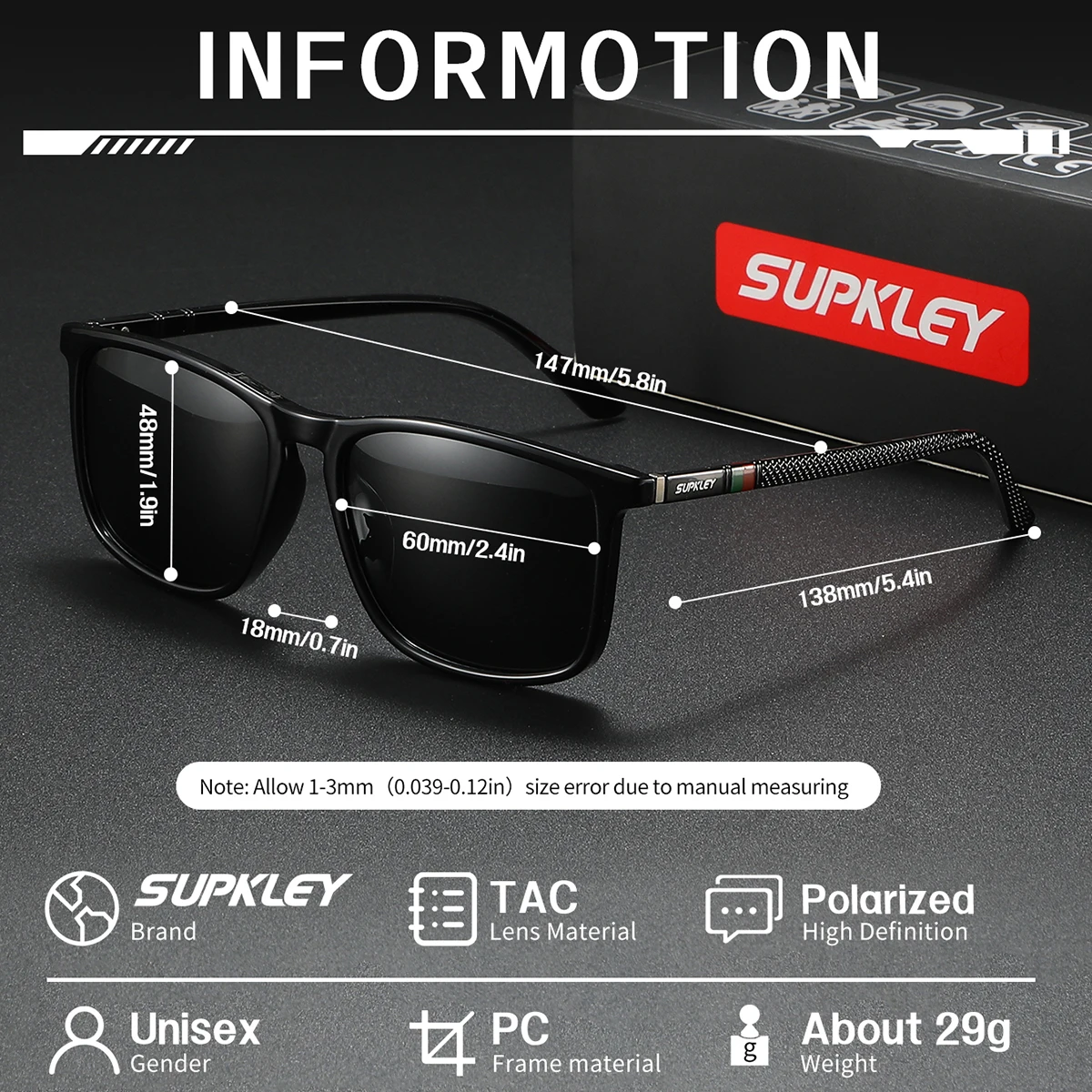 SUPKLEY 1 Stück Sportbrille, klassisch, quadratisch, polarisiert, Herren-Sonnenbrille, PC-Rahmen, modische UV400-Sonnenbrille für Damen und Herren – Detail 2