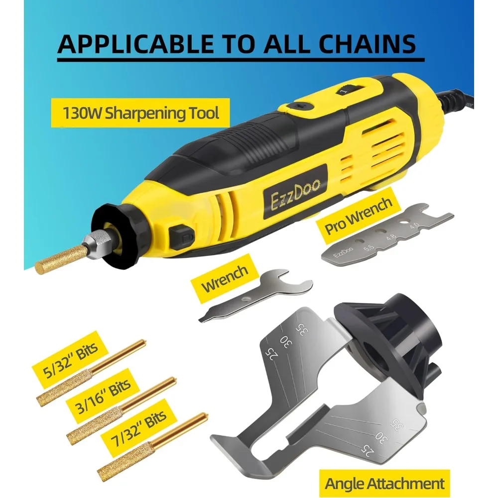 

Electric Chainsaw Sharpener Kit with Titanium Coated Diamond Bits High Speed Sharpening Tool and 6 Hard Wheels for All