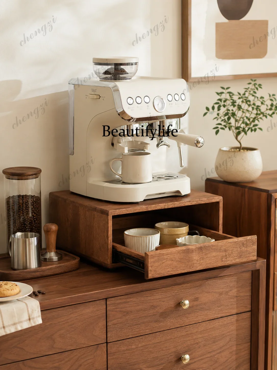 AB03  All solid wood coffee machine rack, drawer type heightening rack, desktop coffee corner storage rack, cup and tea set stor