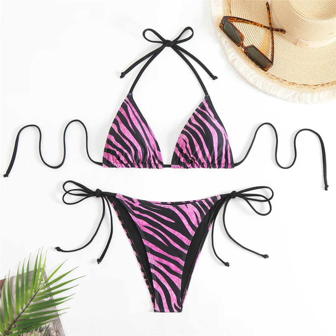 Halterneck-Bikini mit Streifenmuster und Leopardenprint, zweiteiliger Badeanzug für Damen, Badebekleidung, Badeanzug, Badeoutfit, Modell V6840L. – Detail 22