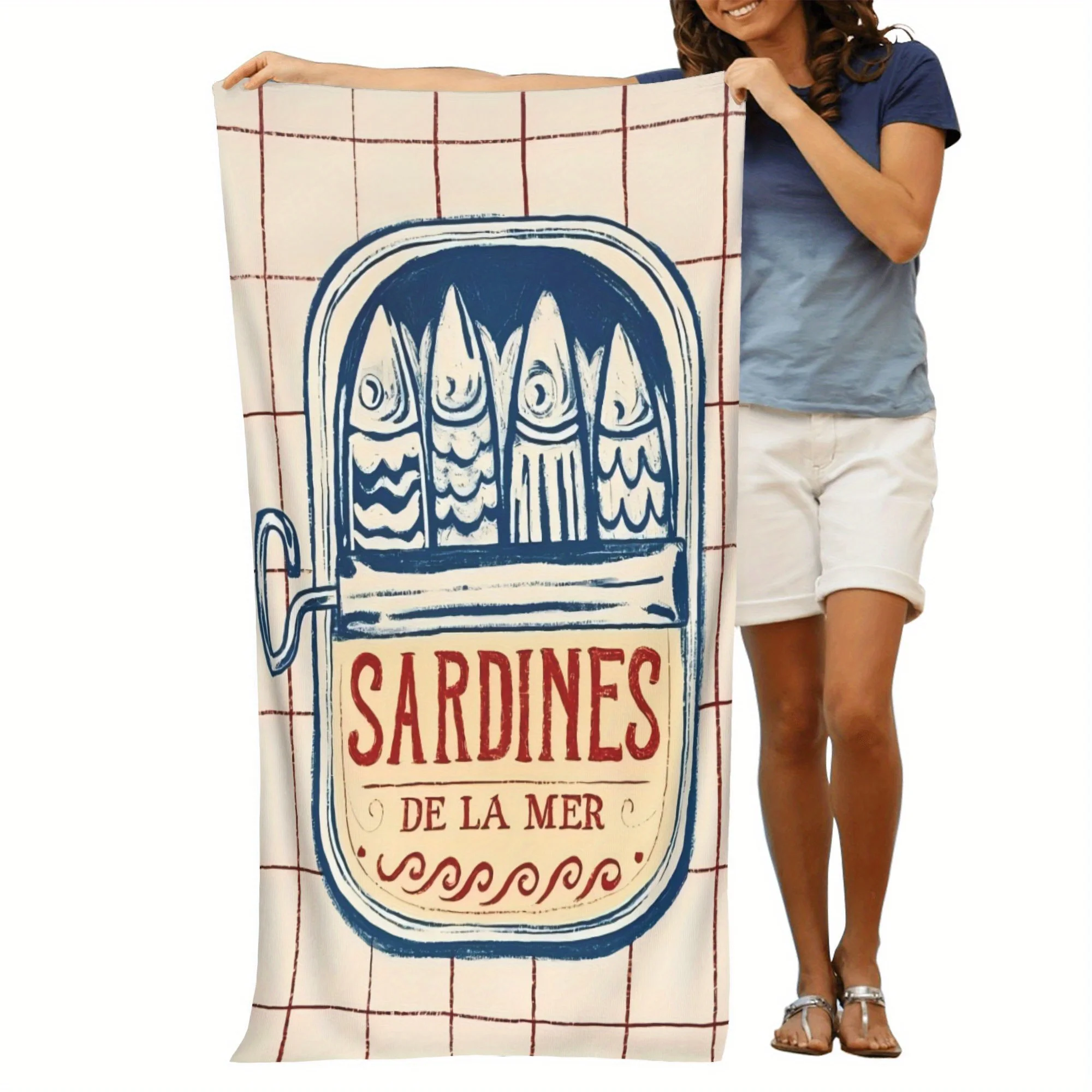 Toalla de playa de microfibra con temática de sardinas: diseño ligero, de secado rápido, azul vibrante y blanco con Tex "Sardines"