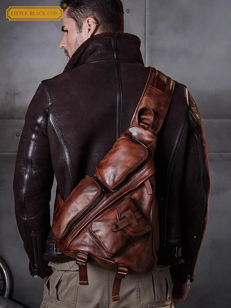 

Мужская сумка через плечо для езды на мотоцикле большой емкости с несколькими карманами из воловьей кожи, дорожные нагрудные сумки с широким ремнем на плечо