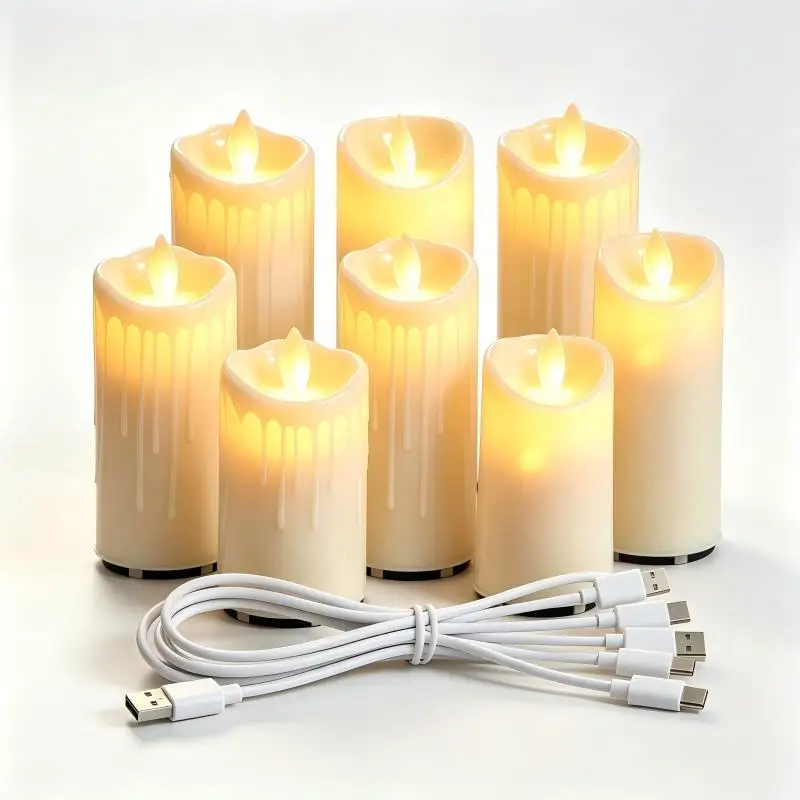 3/5pc USB-C Rechargeable LED Candle 400mAh Flickering Flameless Pillar Wax Window Lamp Table Fireplace Lighting Decors Gift