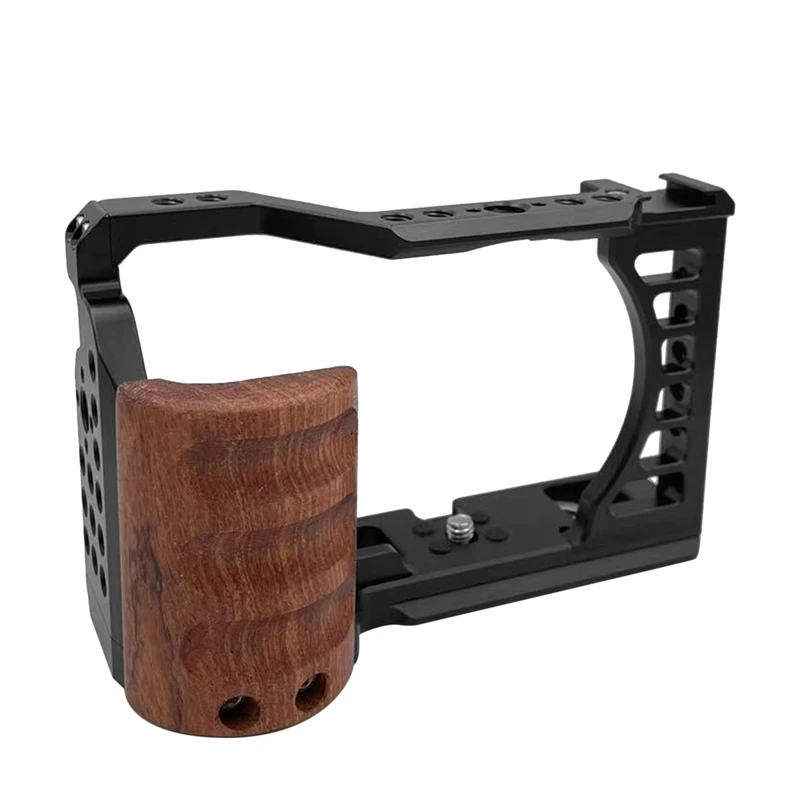 Camera Cage For Sony A7C Camera With Wooden Handle Housing Cage Handle With Cold Shoe