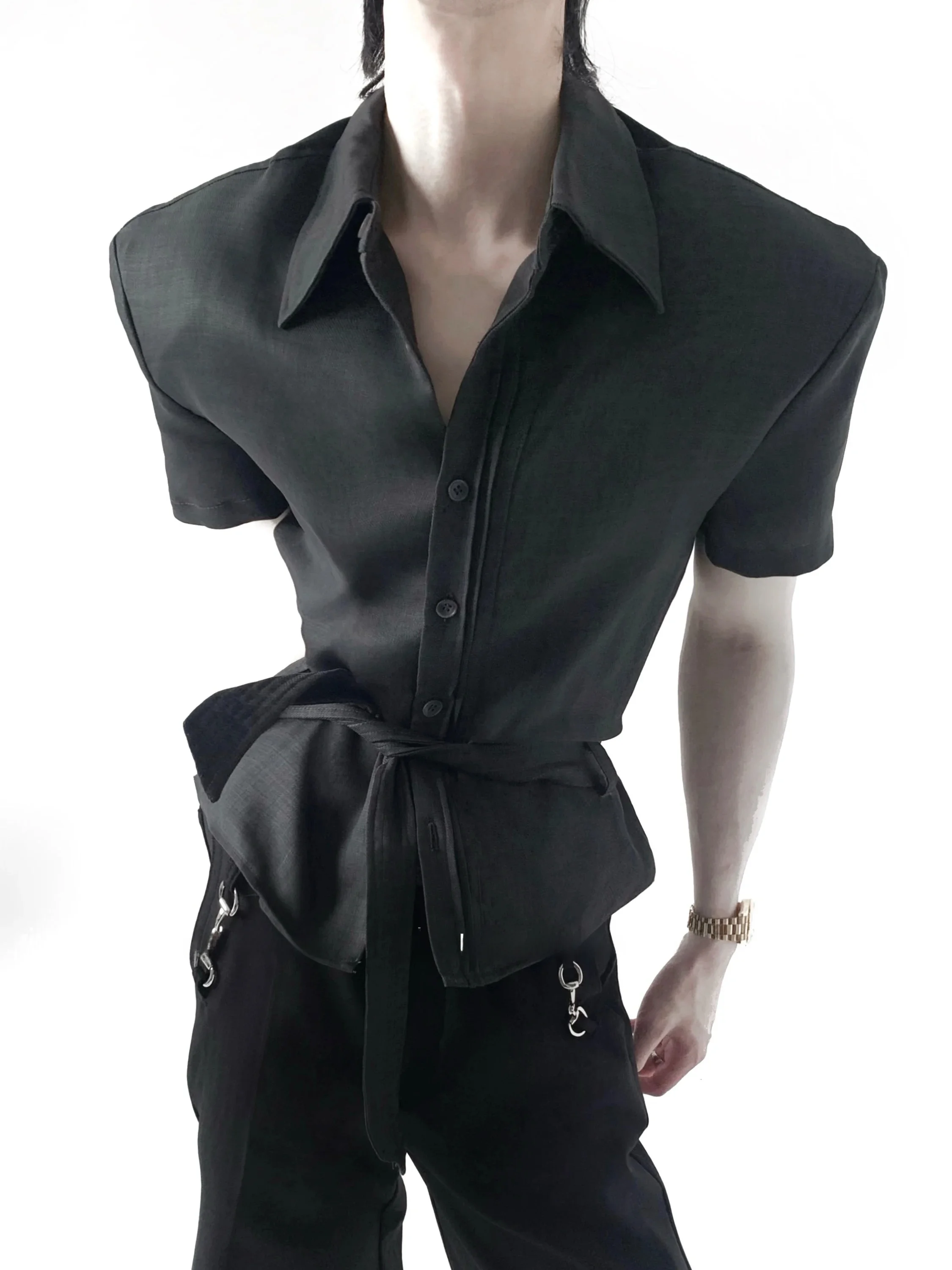 Elegant Old Money Style Linen Shirt Tie Shoulder Pads Short Sleeve Cleanfit Men's High Intelligence Sensation Autumn Mountain...