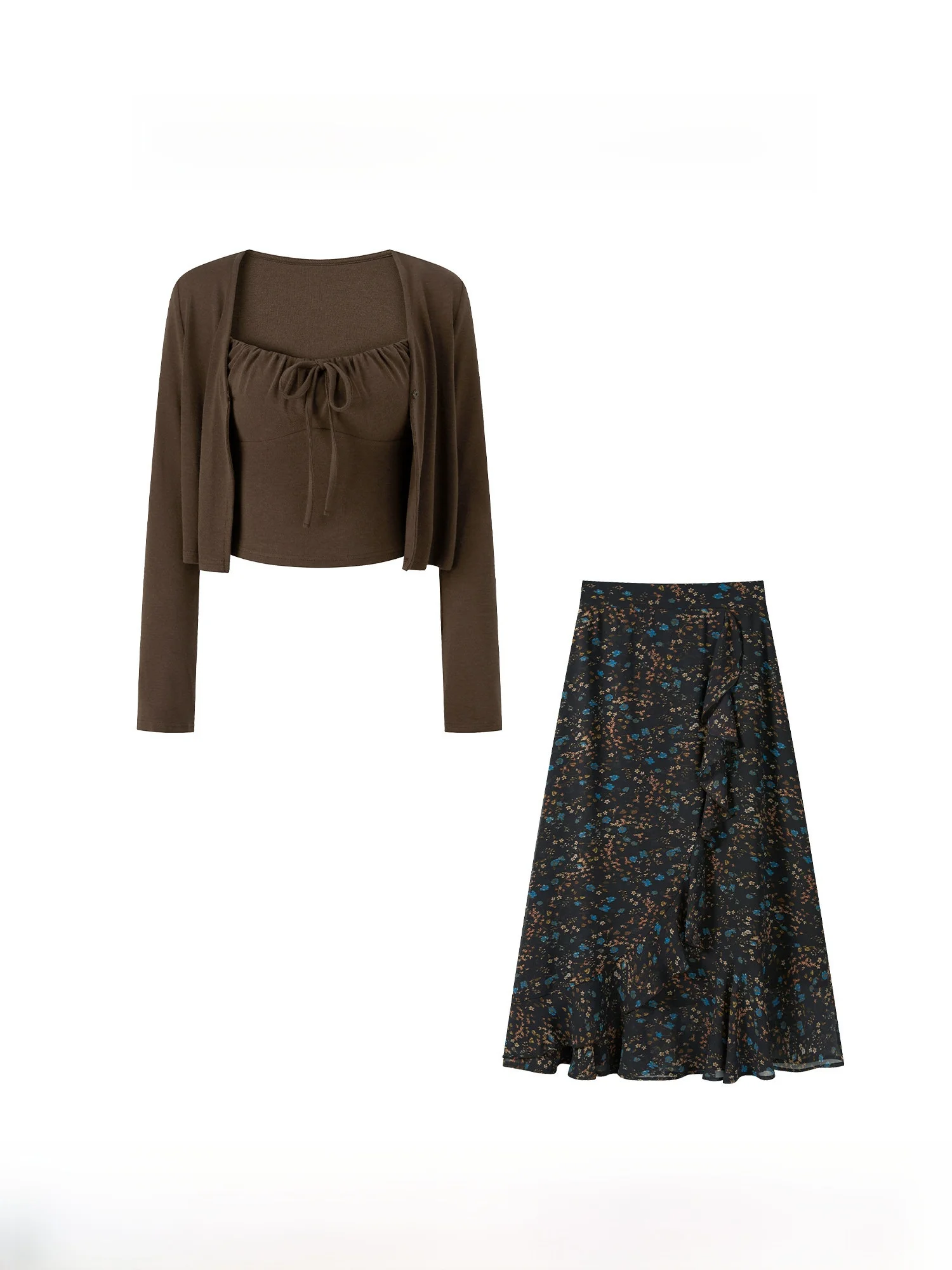 

Осенний комплект: юбка А-силуэта с цветочным принтом и открытый кардиган. Женский модный костюм-двойка. Повседневный стиль, высокая талия, дышащая ткань.