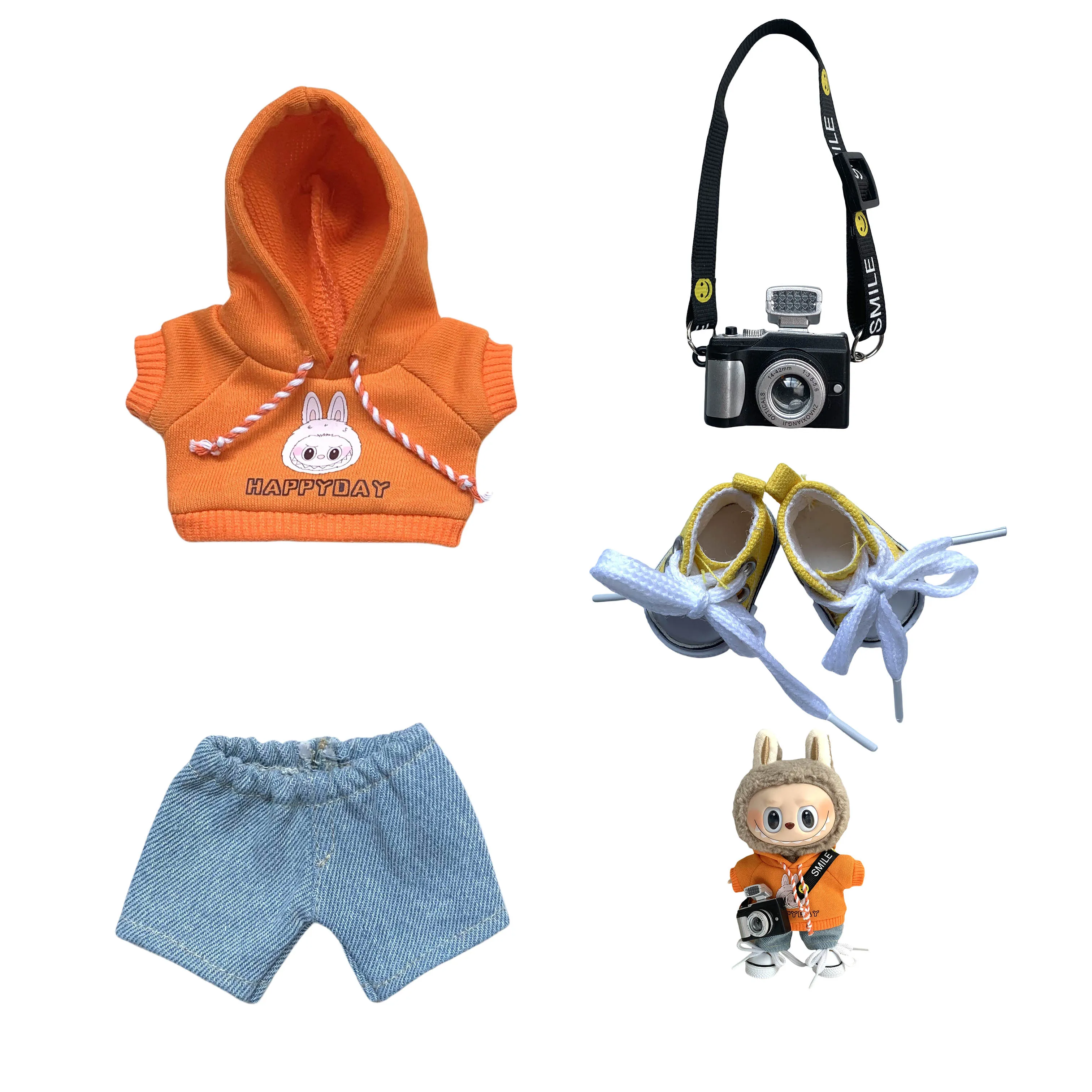 17 см мини-кукла, одежда, аксессуары для куклы Labubu, однотонная футболка с капюшоном, короткая шляпа, сумка, одежда, подарок, игрушка для девочки