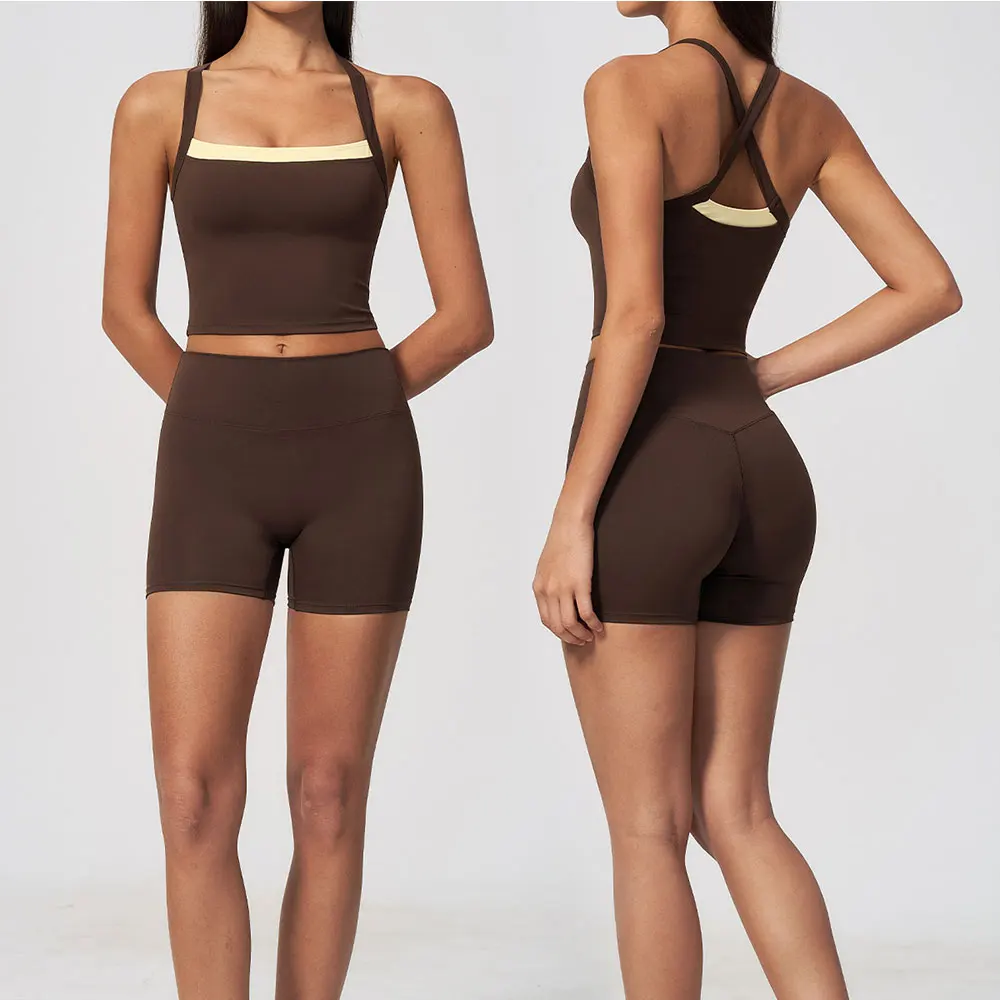 DUOMI Sports Set 2Pcs Gym Sports Bra High Impact Breathable Racerback Running Yoga Tops Cycling Fitness Shorts With Pockets
