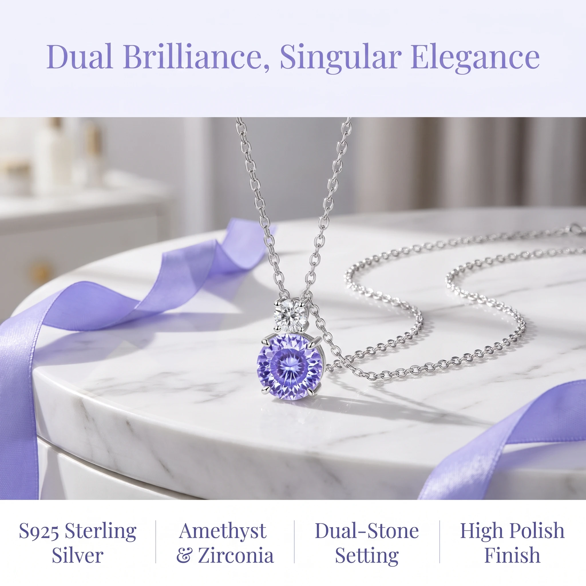 Luxurious 925 sterling silver colored gemstone necklace for women, featuring a round high-carat diamond and violet pendant.