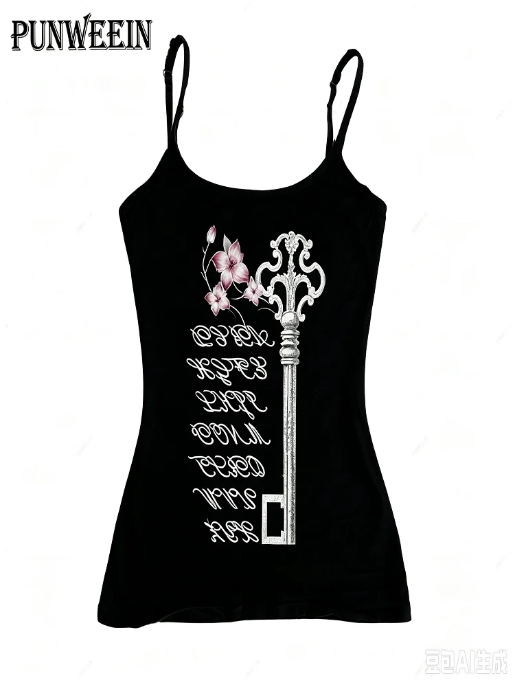 Women Vintage Skeleton Key Floral Print Cami Tank Top Sleeveless Slim Y2K Gothic Aesthetic Ladies Camisole Vest