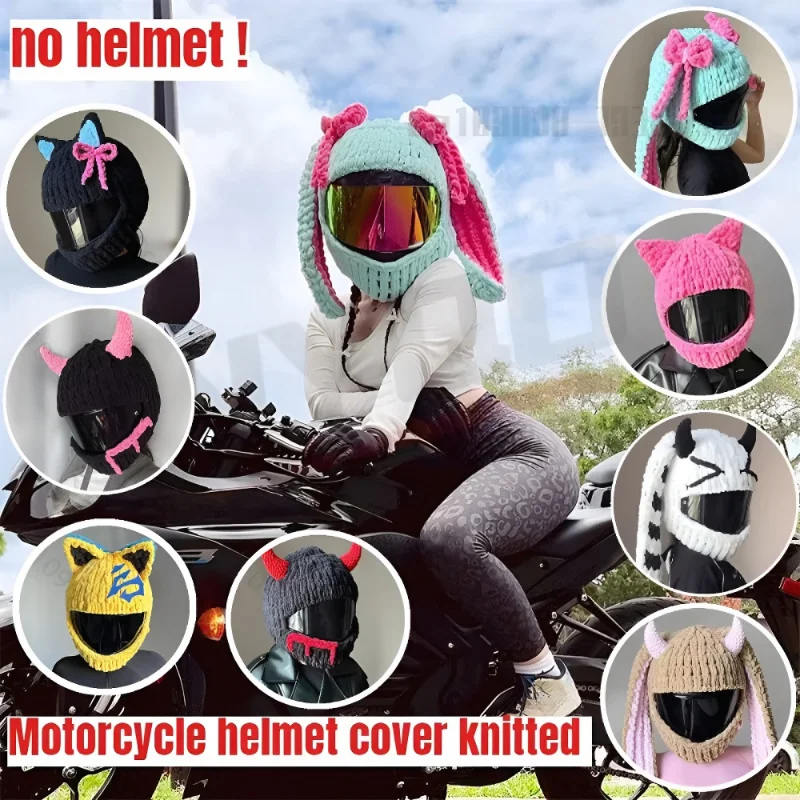 

Cute Cat Ear Motorcycle Helmet Cover, Handmade Knitted Thick Velvet Hat Cover for Women Girls, Cosplay Helmet Accessory,H25033