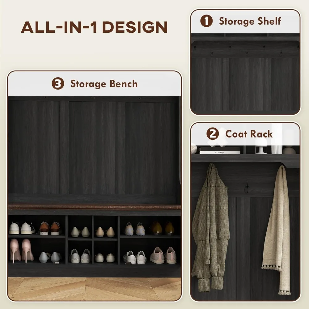 رف معطف المدخل على طراز المزرعة مع مقعد وتخزين، رف أحذية قائم بـ 7 خطافات لغرفة الطين، شجرة قاعة خشبية سوداء