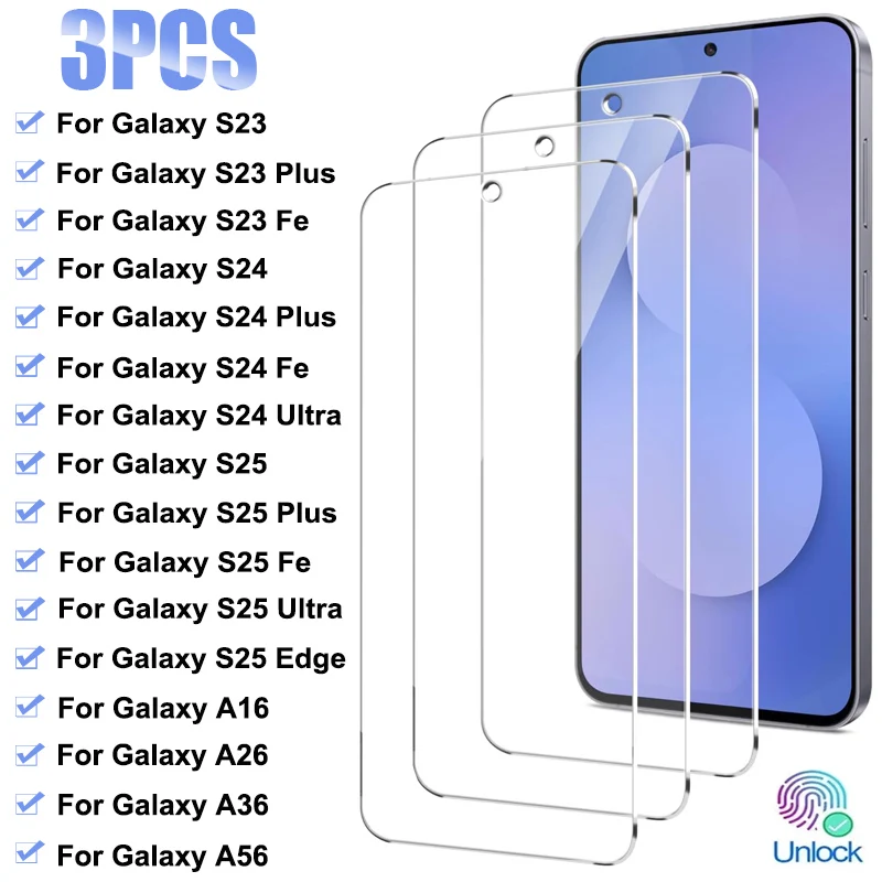 

3PCS Tempered Glass For Samsung Galaxy S25 S24 Ultra S23 Plus Fe Edge Screen Protector For Samsung A05S A15 A25 A35 A55 Glass