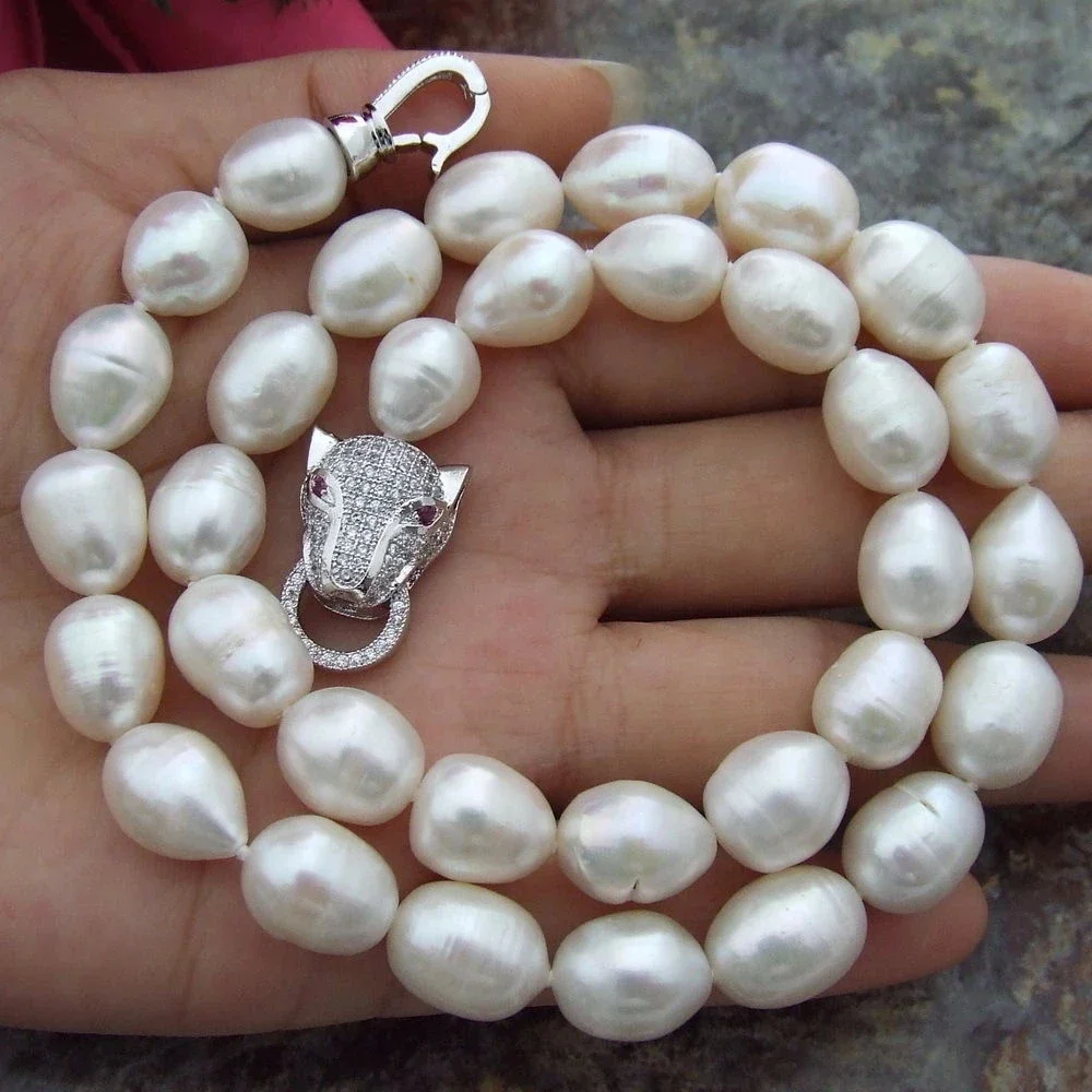 

NEW Natural breeding freshwater white pink pearl 9-10MM 18inch leopard head clasp