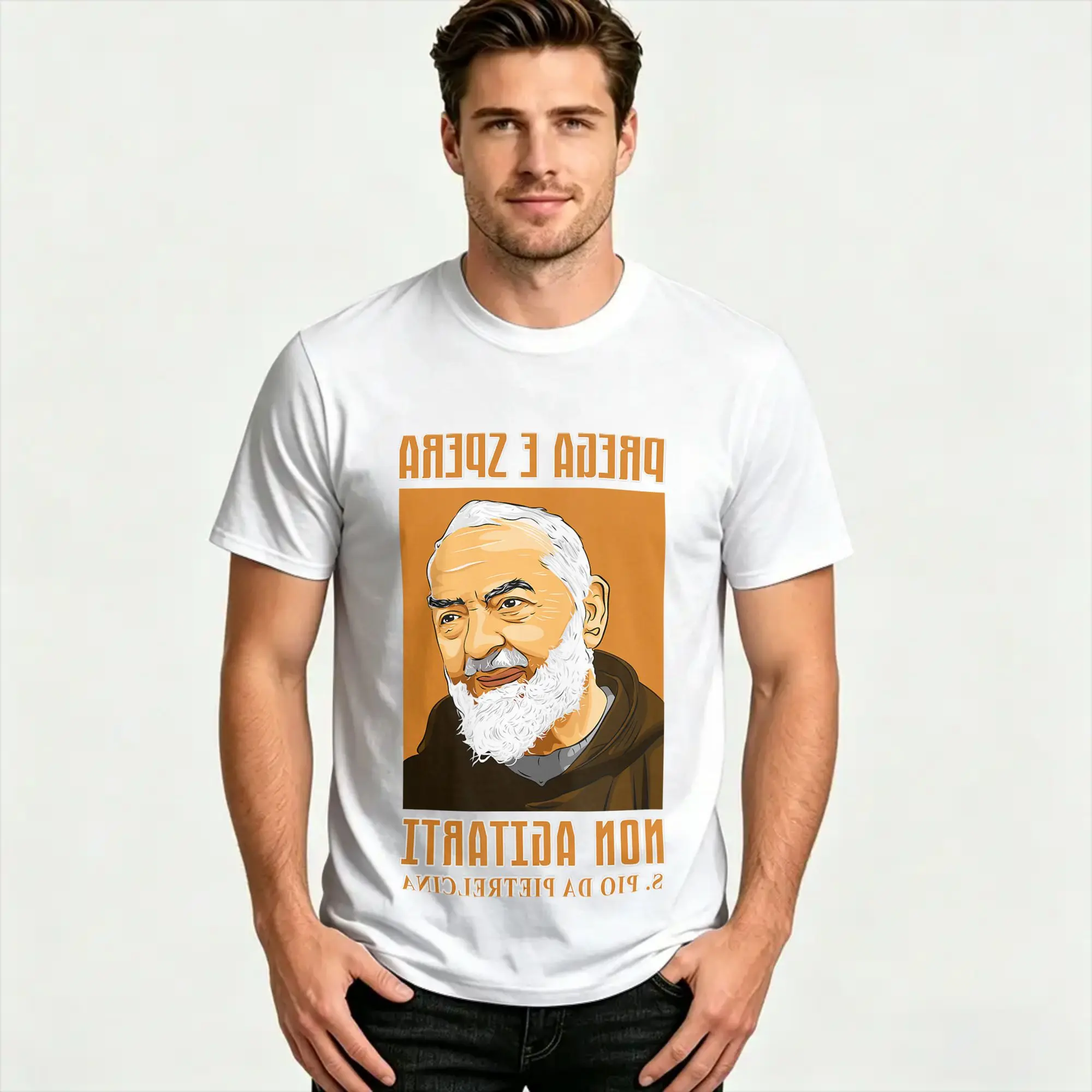 St. Padre Pio- Pray hope and dont worry Hipster T Shirts  Cotton Tshirt for Men's Y2K Retro Loose Short Sleeve Tees