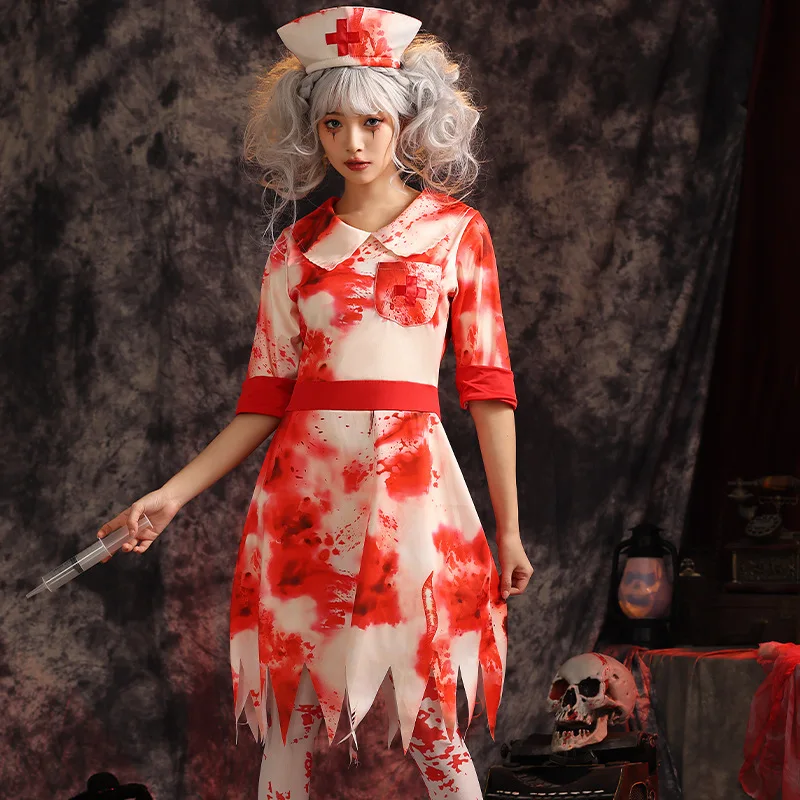 

Zombie Nurse Costume Halloween Bloodthirsty Vampire Carnival Dress Outfit Haunted House Party Wear Scary Cosplay Role Play Gown