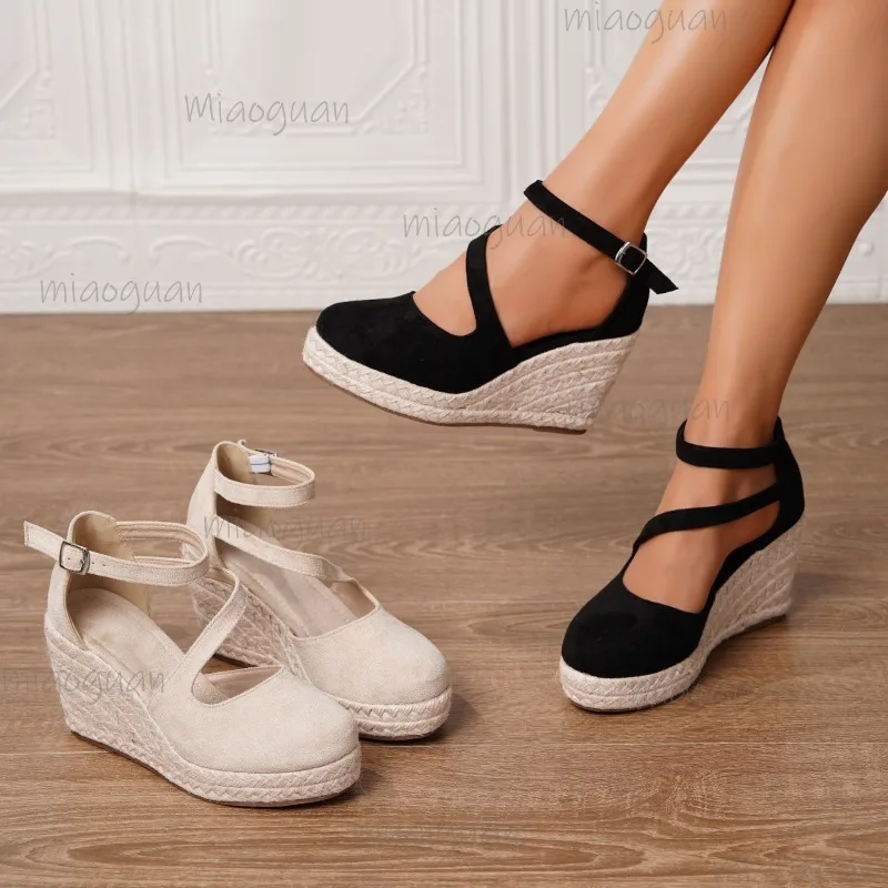 Damen-Espadrille-Keilsandalen mit verstellbarer Schnalle, Plateau, Wildleder, lässige, bequeme Sommerschuhe für Damen, Sandalias