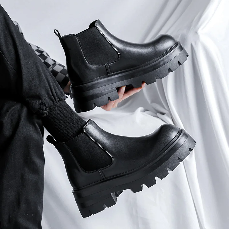 

Мужские повседневные ботинки на платформе, черные стильные оригинальные кожаные туфли, деловое офисное платье, ковбойские ботинки «Челси», крутые мужские ботильоны