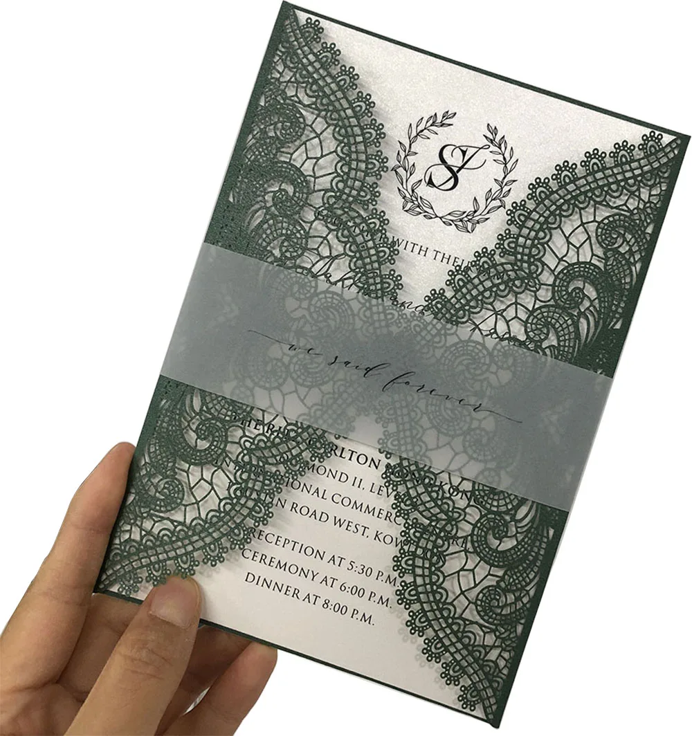 Pearl Paper Custom Invitation Green Cutout Pattern Design Wedding Invitation Greeting Card with Envelpoe Gentle and Elegant