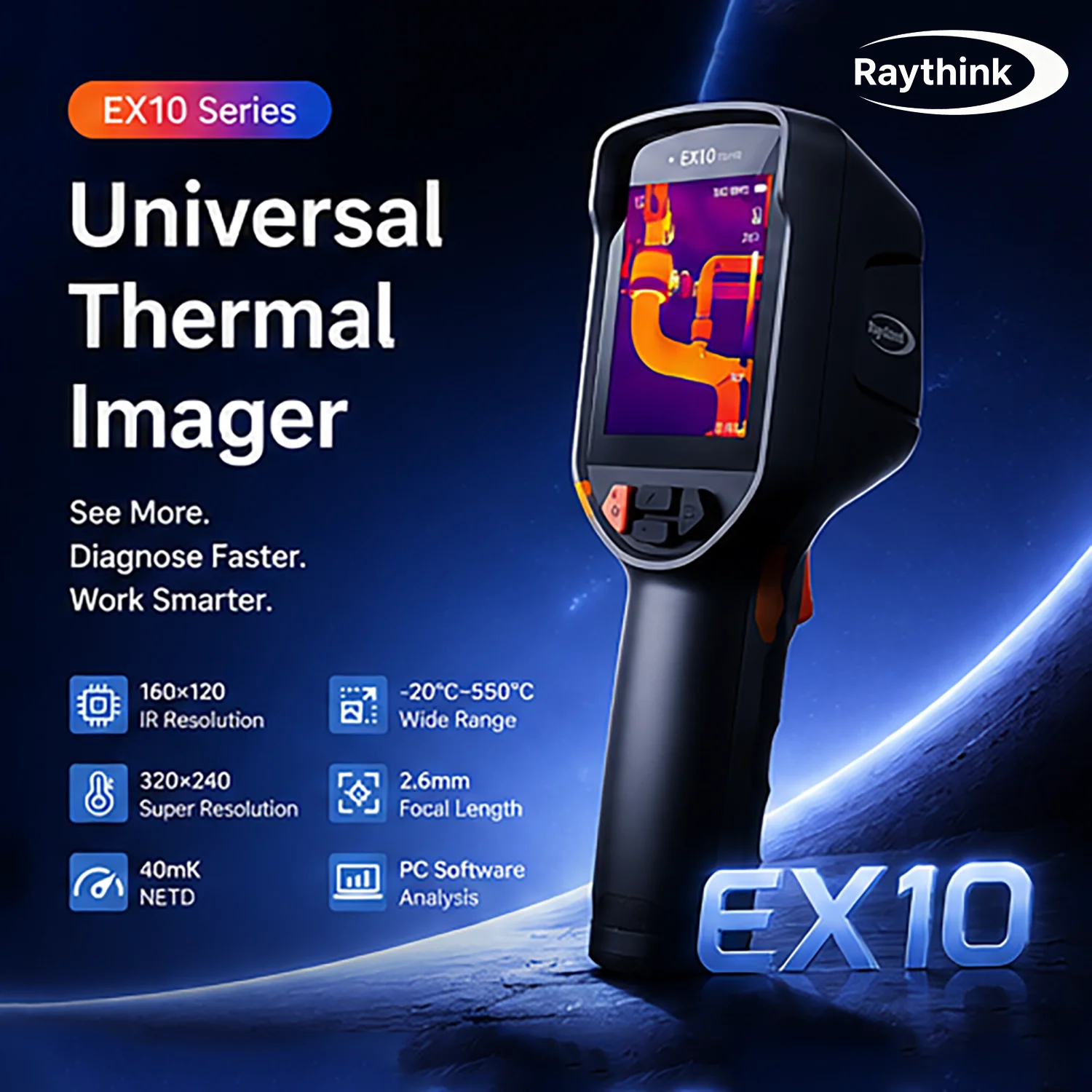 RayThink EX10 Handheld Thermal Imaging Camera - 160x120 IR Resolution, -20°C~550°C Temp Range, IP54 Waterproof & Dustproof, 2M D