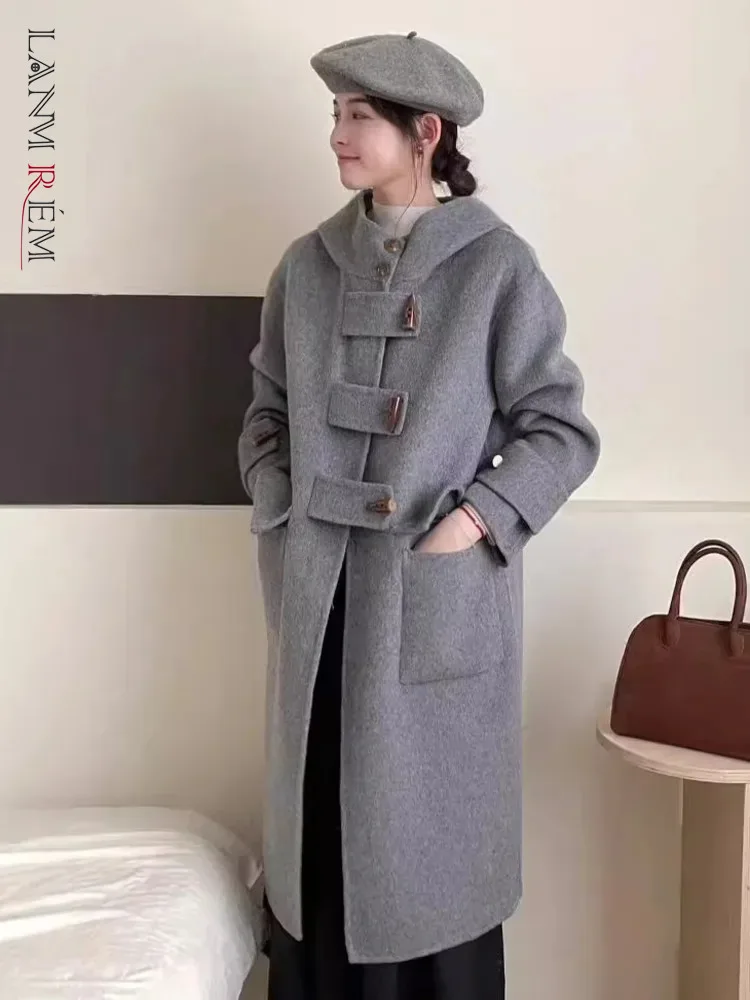 

LANMREM Solid Color Hooded Woolen Coat For Women Buckle Double-sided Wool Coats Female Warm Clothing 2024 New 2DB1165