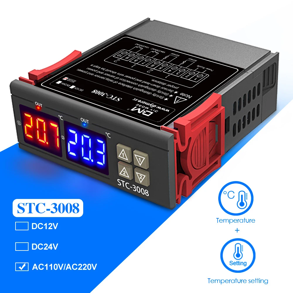 STC-3008 Dual Digital Temperature Controller Two Relay Output AC110-220V Thermoregulator Thermostat With Heater Cooler STC3008