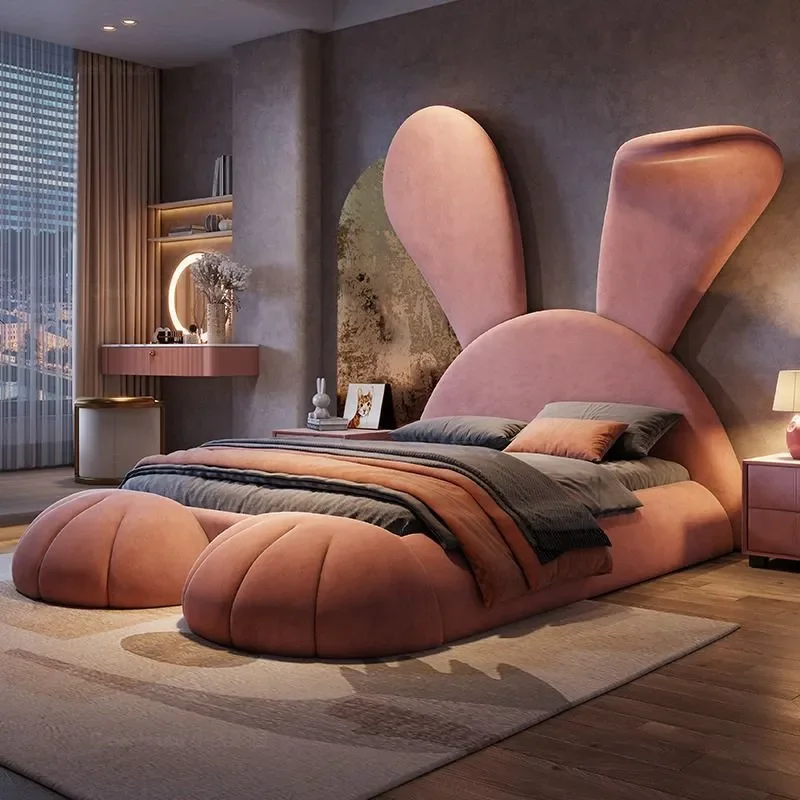 for Light Luxury Pink Princess Bed for Girls Cartoon Rabbit Modern Simple Multifunctional Fabric Solid Wood Children Bed