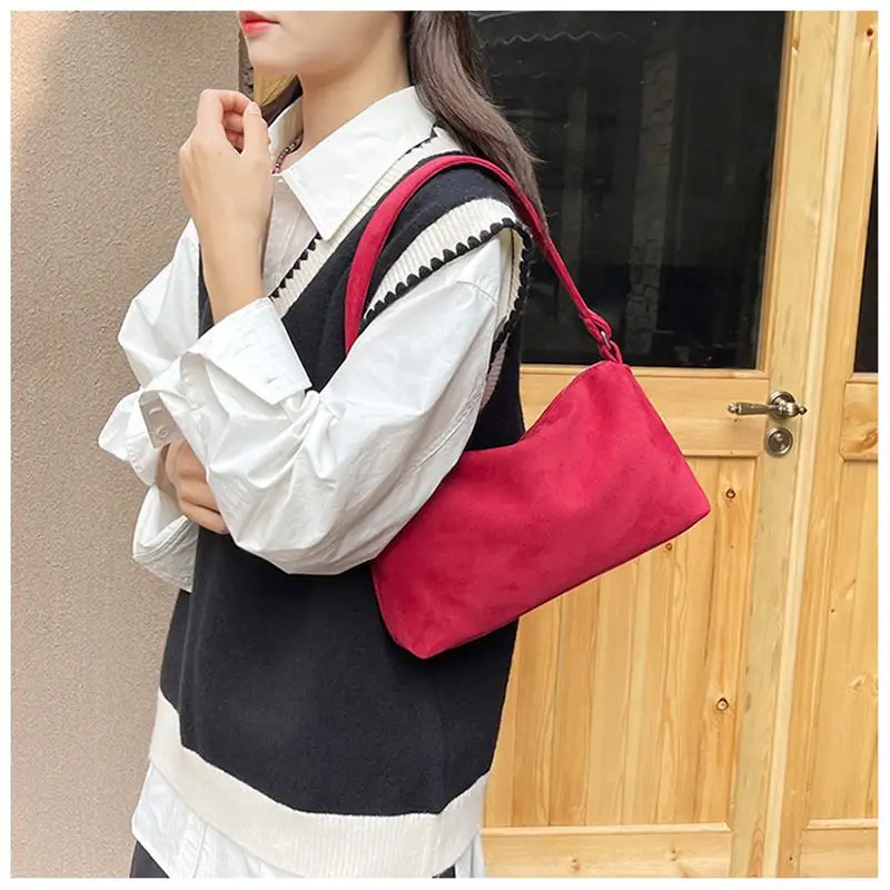 

2025 New Commuter Women's Retro Artificial Suede Handbag Shoulder Bag Fashion Simple Large Capacity Polyester Lined Off-Road Bag