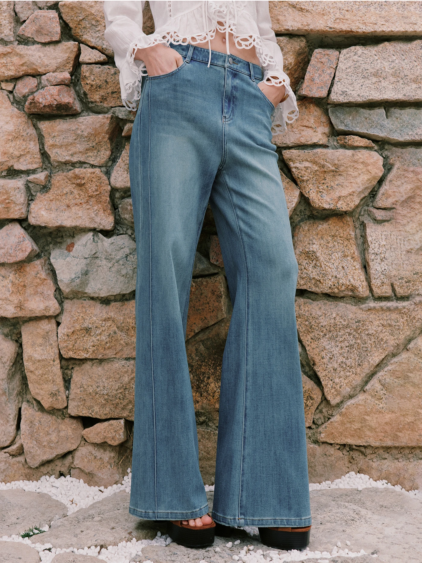 

Retro Heavy Wa Micro Flare Casual Jeans Soft Elastic Women's Long Pants Low Waist Cotton Fabric Button Closure Spring Season