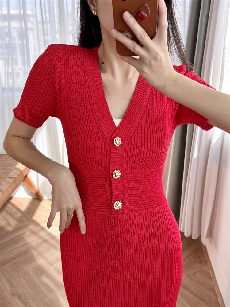 Women's Knit Red Long Dress, V-Neck, Slim Fit, A-Line, Elegant, High Street, Chic, Fashionable, Design, Trendy, Stylish, New SP