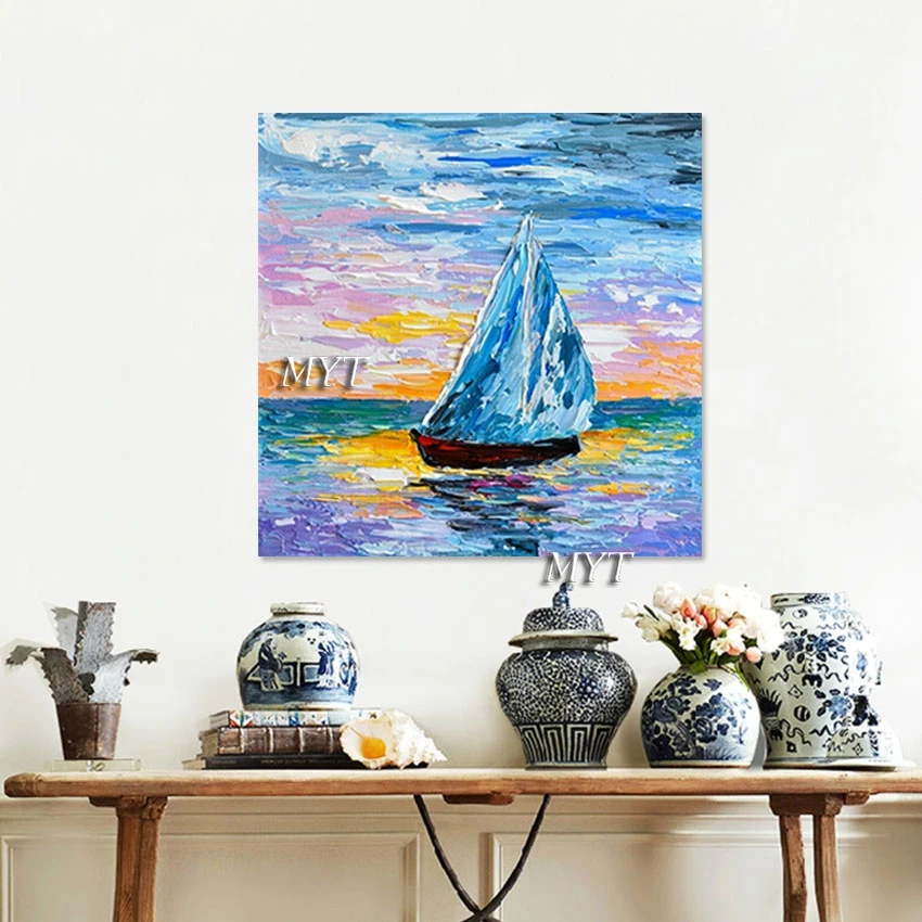 

Sailboat Acrylic Knife Oil Painting Beautiful Seascape Abstract Picture Frameless Canvas Artwork Outdoor Wall Art Decoration