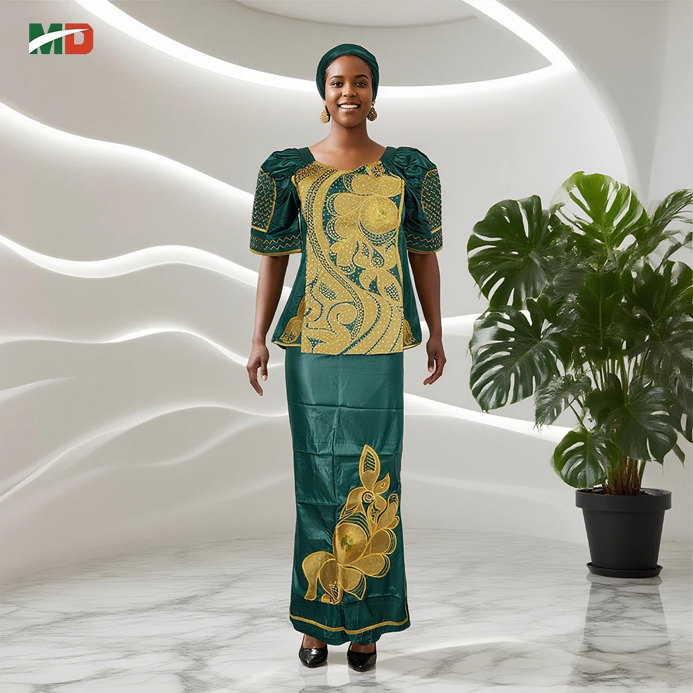 

MD African Clothes For Women Traditional Dress Embroidery Diamond Wedding Party Robes Trads Wear Puff Seeves 2PCS Top Skirt Set