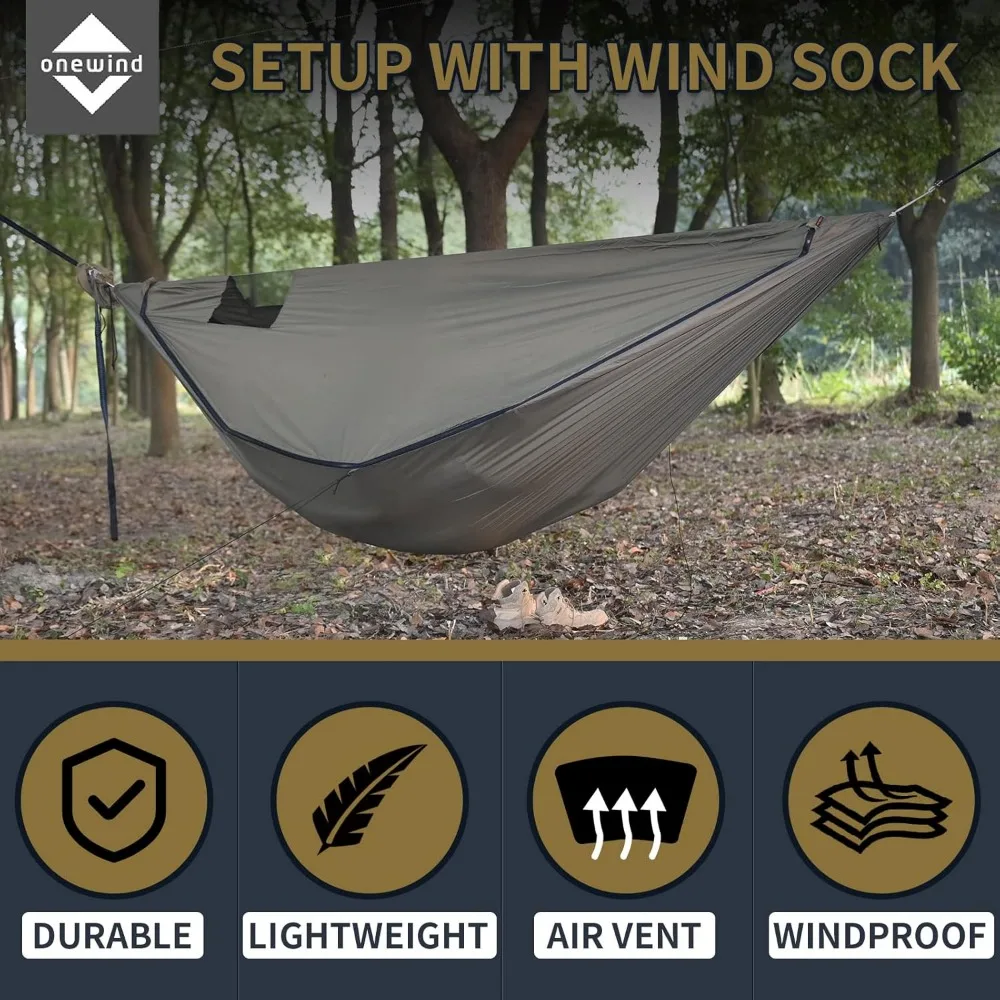 Portable Camping Hammock with Mosquito Net, Windsock & Tree Straps for Winter Hiking Backpacking in OD Green