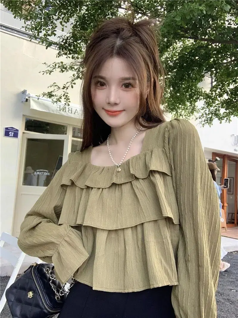 Blouses Women Spring New Design Ruffles Aesthetic Solid Clothing Tops Square Collar BF Sweet Leisure All-match Breathable Femme