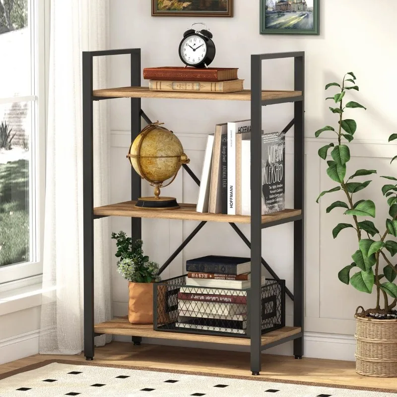 

Industrial 3 Tier Bookshelf, Rustic Small Book Shelves for Small Spaces, Short Wood Metal Etagere Bookcase for Living Room