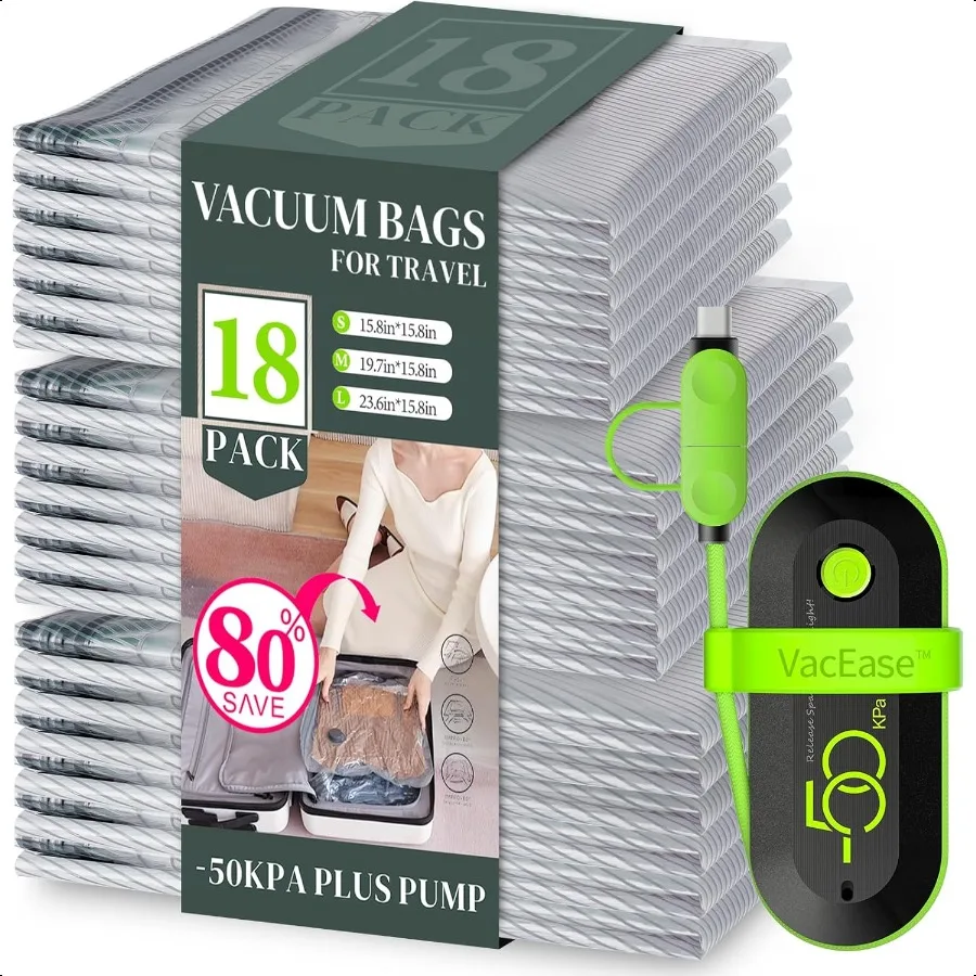 

18 Pack Vacuum Bags for Travel with USB Pump Comprion Travel Vacuum Bags for Lage and Suitcase Carryon Size Space Saver Bags fo