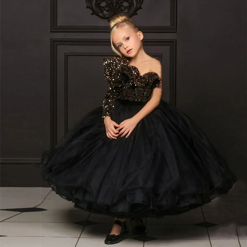 Girls One - Shoulder Sequin Embellished Tulle Ball Gown Perfect for Flower Girl Events Birthday Celebrations Piano Performances