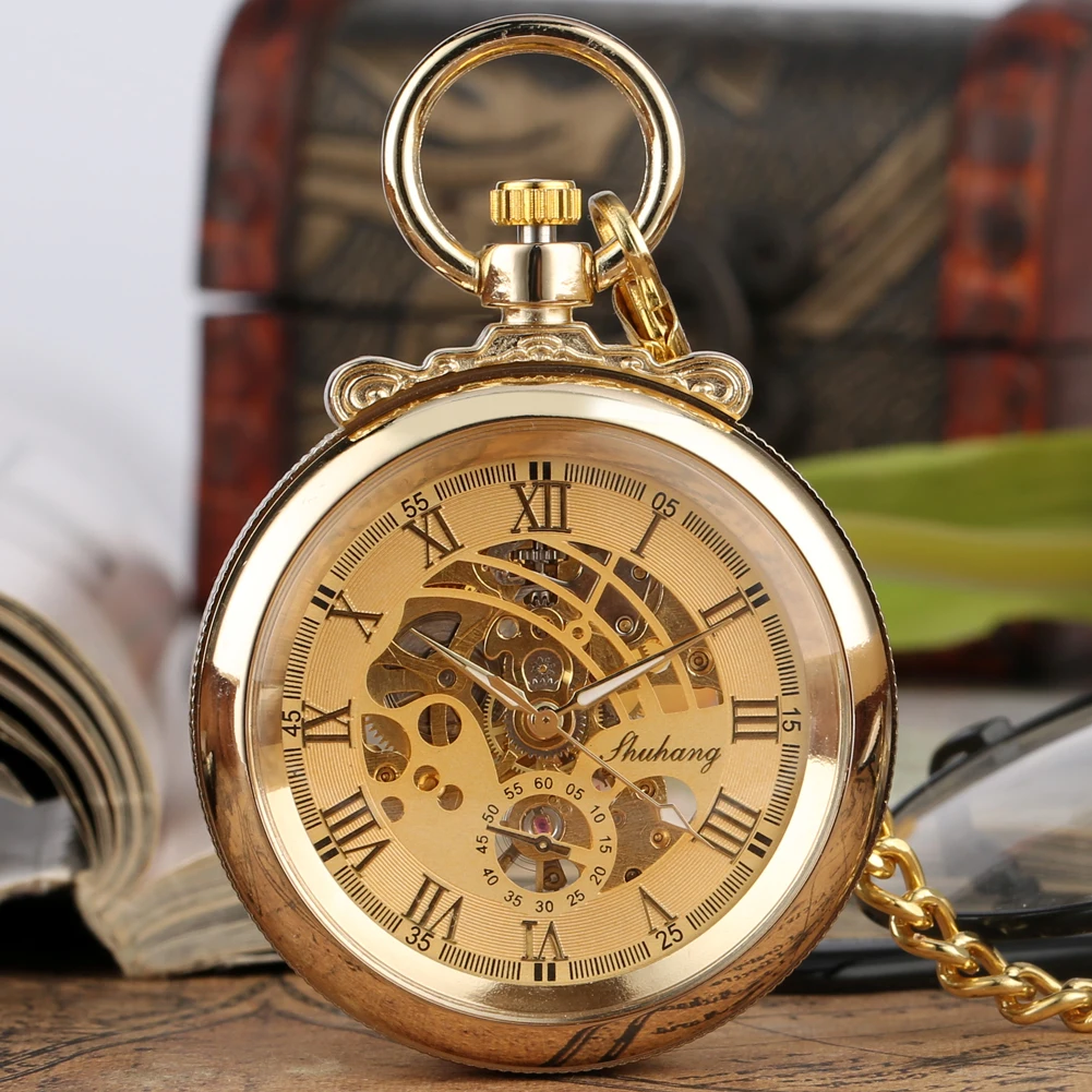 Vintage Gold Roman Numerals Dial Open Face Mechanical Pocket Watch Men Gift Fob Chain Pendant Hand Winding Pocket Clock Man