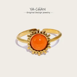 YACHAN Orange Natural Stone Stainless Steel Rings for Women Retro Luxury 18K Gold Plated Jewelry Waterproof