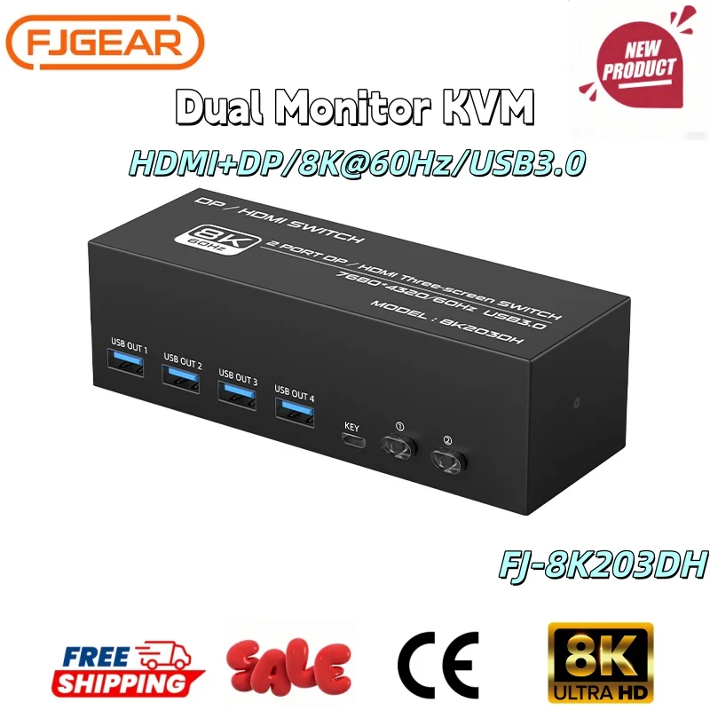 

FJ 8K@60Hz 4K@120Hz HDMI+DP Dual Monitor KVM Switch 2 PC 2 Monitors USB 3.0 KVM Switcher for Windows Mac to Share Mouse Keyboard