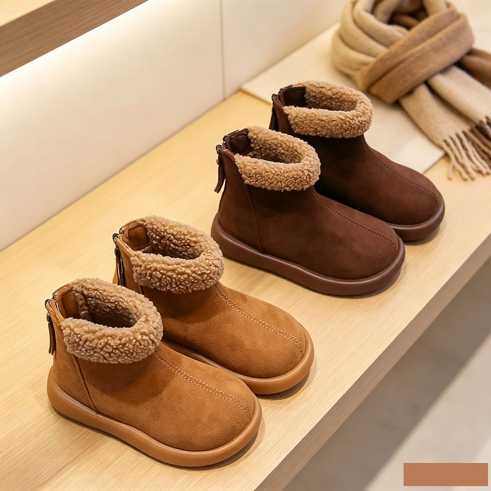 Toddler Girls Fuzzy Collar Winter Ankle Boots, Fleece Lined Back Zipper Non Slip Warm Snow Boots for Daily Cold Weather