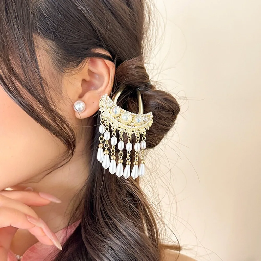 1pc U Förmigen Haar Sticks Gabeln Perlen Quaste Anhänger Dekor Alten Chinesischen Stil Haar Brötchen Maker Glänzenden Strass Designs – Detail 4