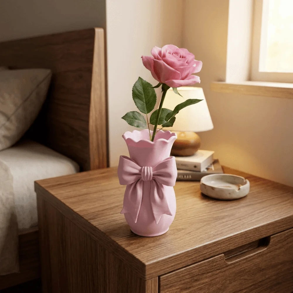 Creative 3D Printed Pink Bow Flower Vases Elegant Style Decorative Dried Flower Vase Twisted Design Pen Holder Tabletop