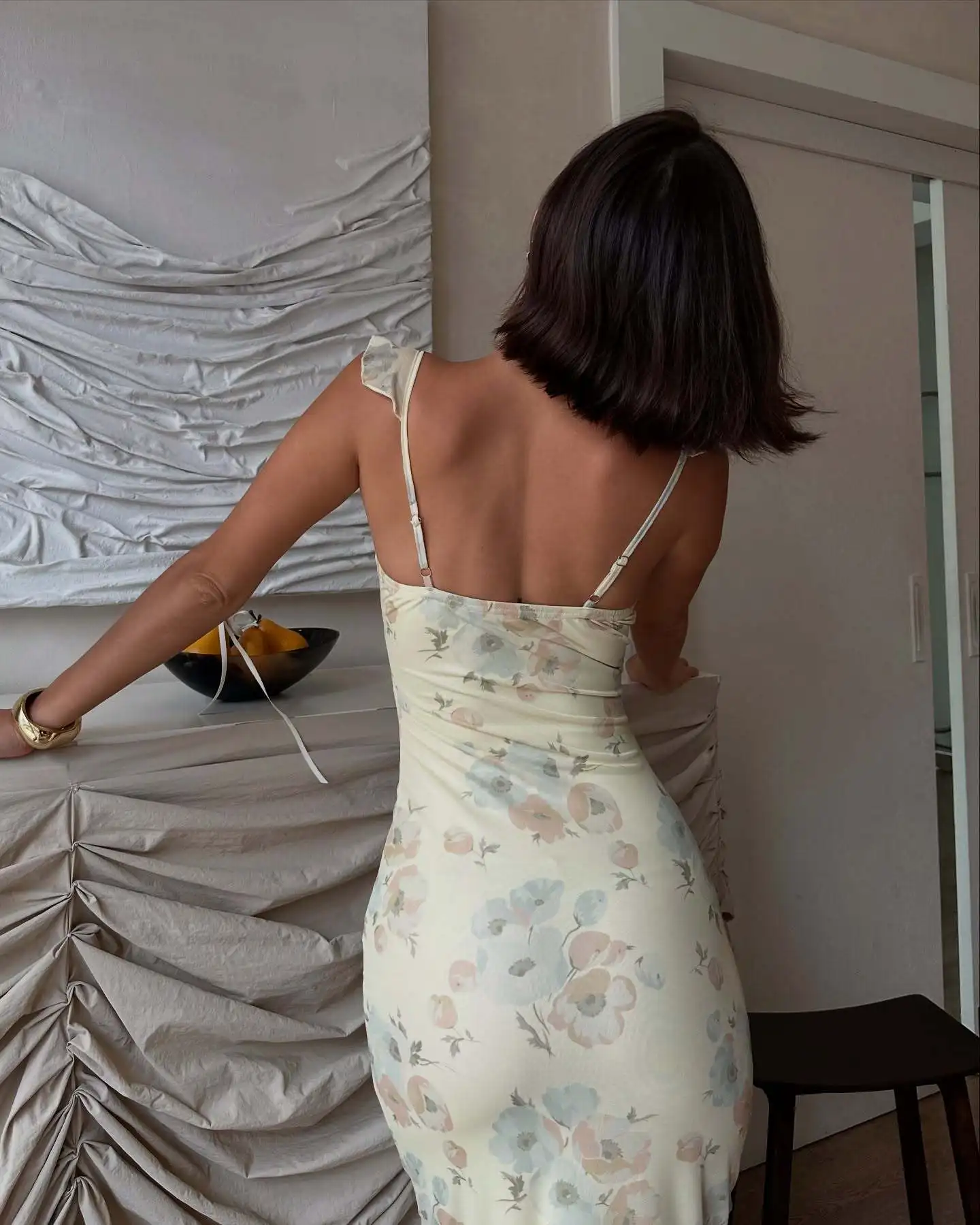 Francés delgado verano Sexy vacaciones florales estampado Retro ajustado vestido sin tirantes amarillo elegante ceñido al cuerpo pradera Chic Maxi vestidos