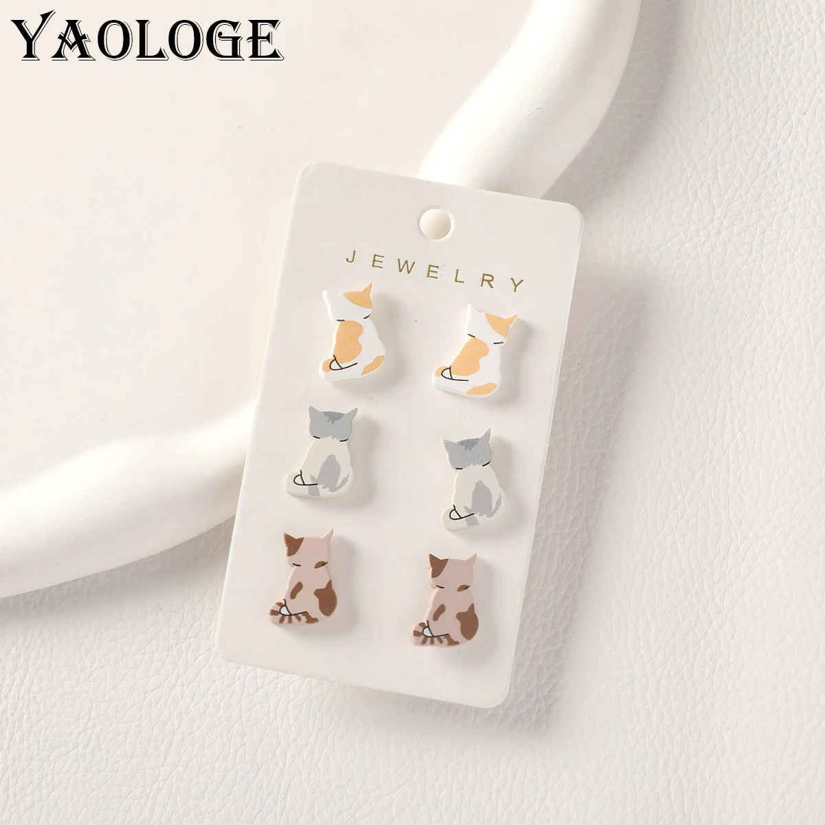 YAOLOGE New Arrival Cartoon Cute Cat 3-Piece Earring Set Earring Acrylic Material Paint Printing Process Women's Trend Eardrop