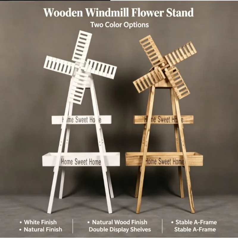 Wooden Rotating Windmill Flower Stand Rustic Garden Planter for Outdoor Wedding Welcome Decoration Aisle Party Centerpiece