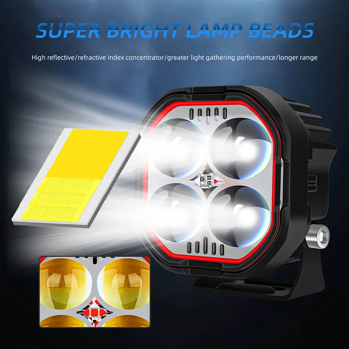 Motorcycle 4Lens LED Spotlight High Brightness White Yellow Red Blue Flashing Light High Low Beam DRL Driving Lamp Headlight