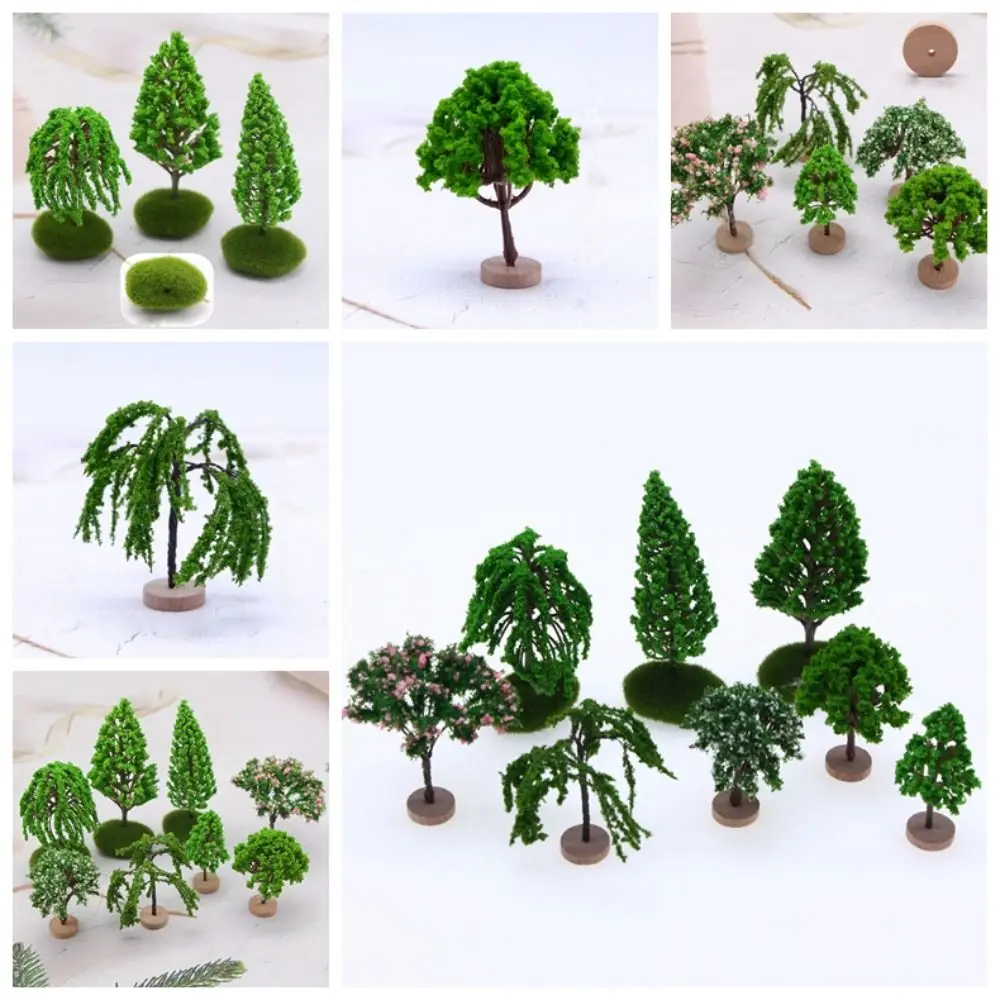 Artificial Moss Rocks/Wooden Base Model Trees Simulation Plastic Dollhouse Mini Tree Natural Green Bonsai Figurine